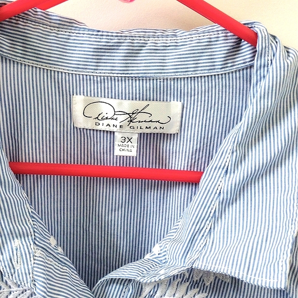 Blue and White Striped Button Up with Floral Appliques - size 3X - Picture 4 of 6